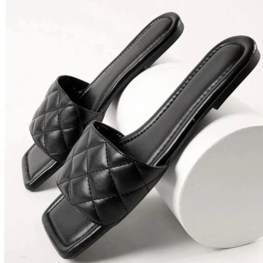 Black Quilted Square Toe Slide Sandals - Picture 4 of 9
